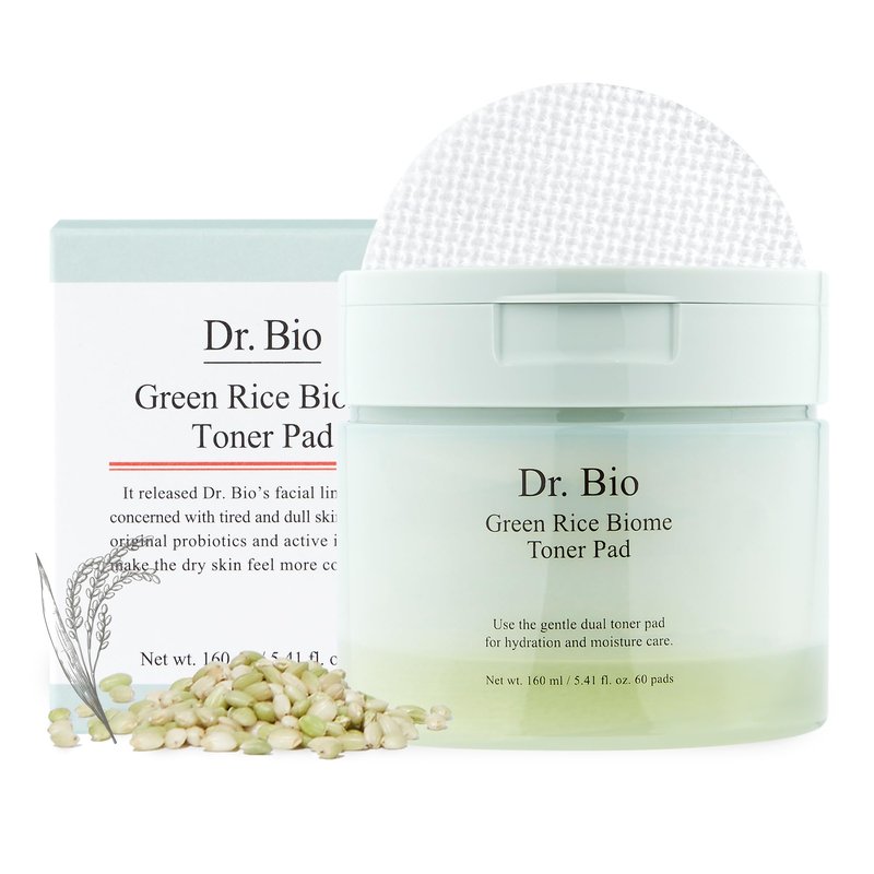 Dr.Bio Green Rice Biome Toner Pad (5.54oz/60 Pads) with Probiotic, Exfoliating, Remove Blackheads & Whiteheads, Radiant Skin, Dual-Sided Pad for Sensitive Skin, Fragrance-Free, Vegan Korean Skincare