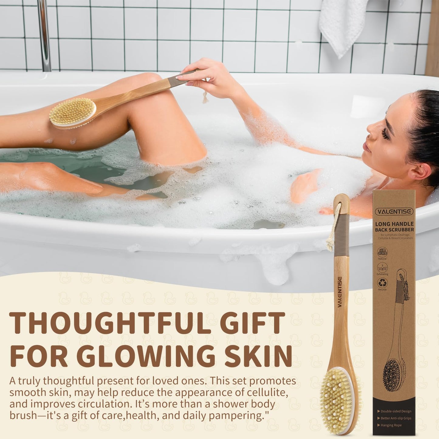 VALENTISE Back Scrubber for Shower, Shower Brush Long Handle with Boar Bristle and Massage Nodes, Exfoliating Body Scrubber for Lymphatic Drainage, Cellulite & Blood Circulation