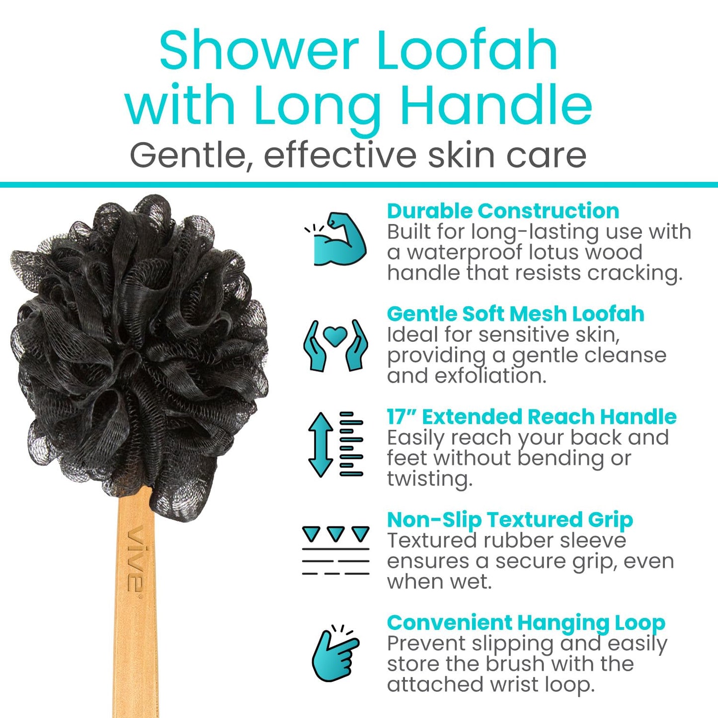 Vive 17” Shower Loofah with Long Handle - Exfoliating Back & Body Scrubber for Men & Women - Luffa Sponge on a Stick for Bathing, Cleaning - Includes Extra Handheld Lufa, Hook & String to Hang on Wall