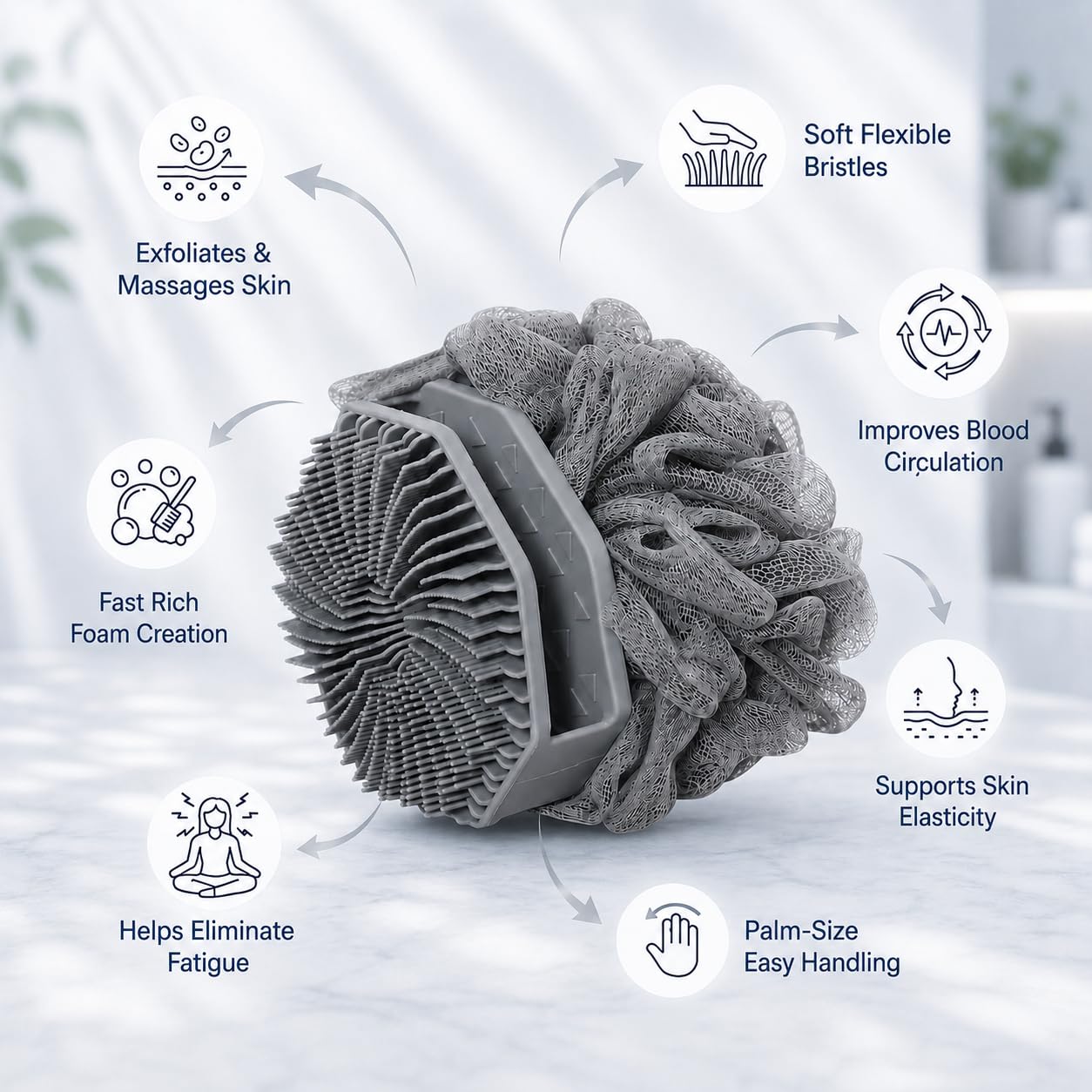 2-in-1 Silicone Body Scrubber & Mesh Loofah Sponge – Exfoliating Silicone Shower Scrubber with Soft Loofa Puff, Silicone Bristles, Non-Slip Grip, Quick Dry, Hygienic Body Scrubber for Women & Men