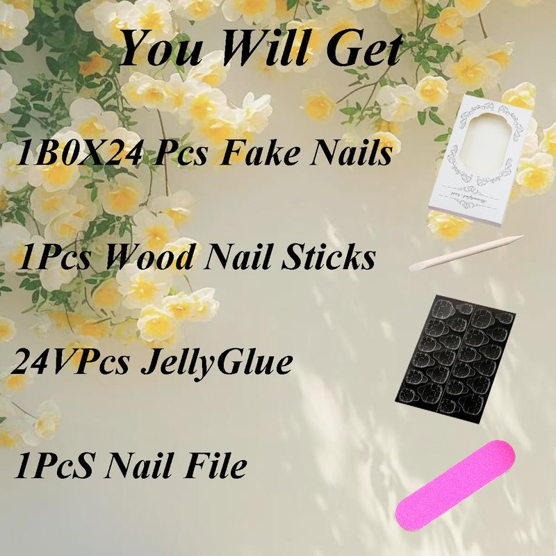 24Pcs Handmade Flower Press on Nails Long Almond Fake Nails White French Tips Glue on Nails Floral with Gold Edge Design Star False Nail Full Cover Spring Summer Stick on Nail for Women