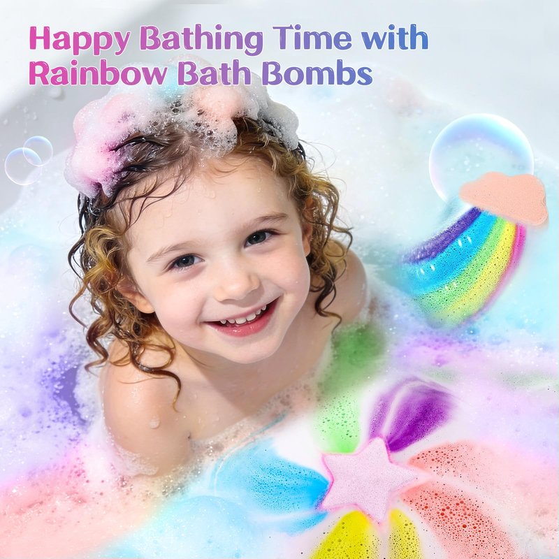 Rainbow Bath Bombs for Kids - 4 Pcs Handmade Natural Kid Bath Bombs, Birthday Gifts for Kids Girls, Organic Bubble Bath