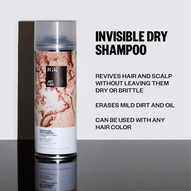 IGK JET LAG Invisible Dry Shampoo Spray | Refreshes Hair Between Washes + Absorbs Oil | Weightless, No White Residue, Soft Finish | Vegan + Cruelty Free | 6.3 Oz