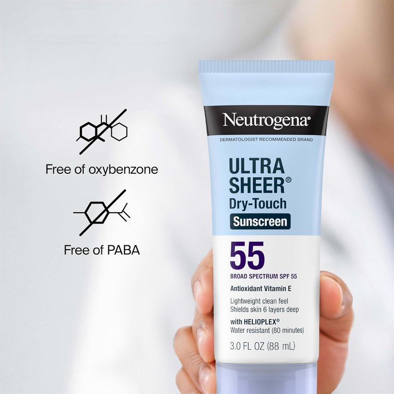 Neutrogena Ultra Sheer Dry-Touch Sunscreen SPF 55 for Face & Body, Lightweight Non Greasy Broad Spectrum UVA/UVB Protection, No White Cast, Water Resistant (80 Min) Travel Sunscreen Lotion, 3 fl oz