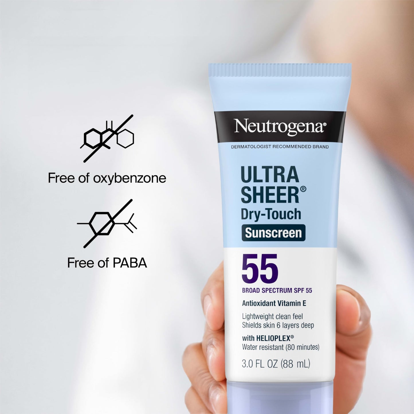 Neutrogena Ultra Sheer Dry-Touch Sunscreen SPF 55 for Face & Body, Lightweight Non Greasy Broad Spectrum UVA/UVB Protection, No White Cast, Water Resistant (80 Min) Travel Sunscreen Lotion, 3 fl oz