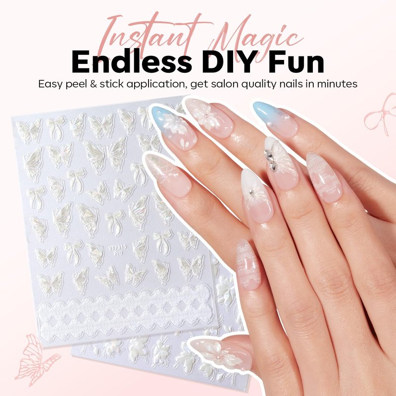 Modelones Nail Stickers, 3D Embossed Lace Pearls Nails Supplies Butterfly Nail Art Design for Summer Holiday Manicure DIY Nail for Women & Kids 5Pcs