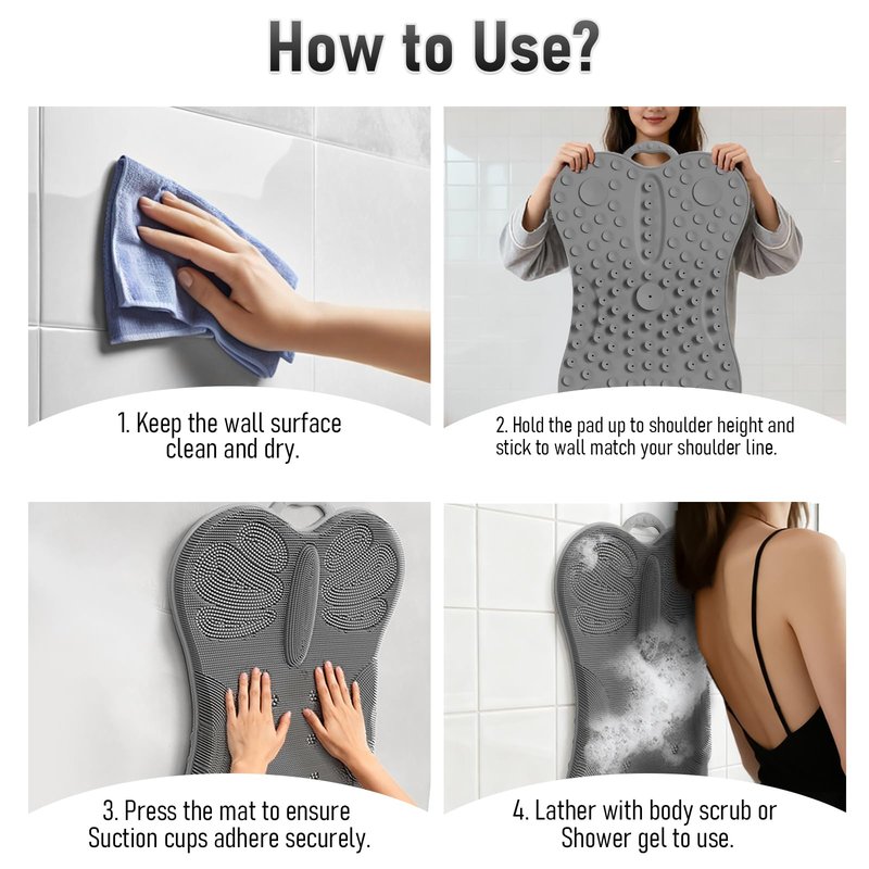 EaTubano Wall Back Scrubber for Shower - Extra Large XXXL Foot Washer, Silicone Feet Back Massage Scrubber Cleaner Foot Toes Clean Pad Without Bending Non-Slip Suction Cups (Grey)