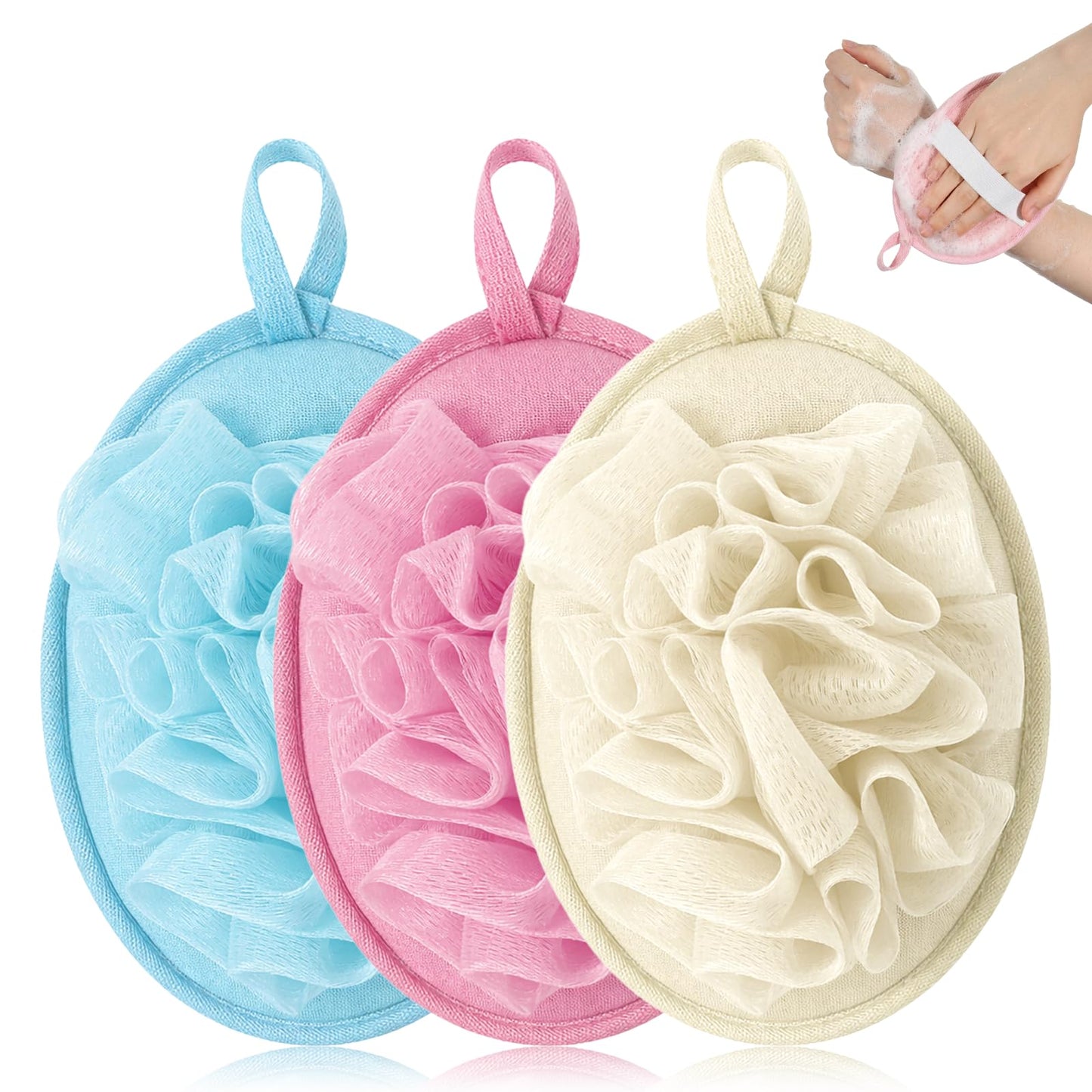 Dplolng 3 Pcs Loofah Sponge Shower Loofahs Travel Bath Sponge Mesh Balls Mini Loofah Travel Size with Elastic Hand Strap for Women Men Body Scrubber Wash Back Scrubber(Pink, Blue,Beige)