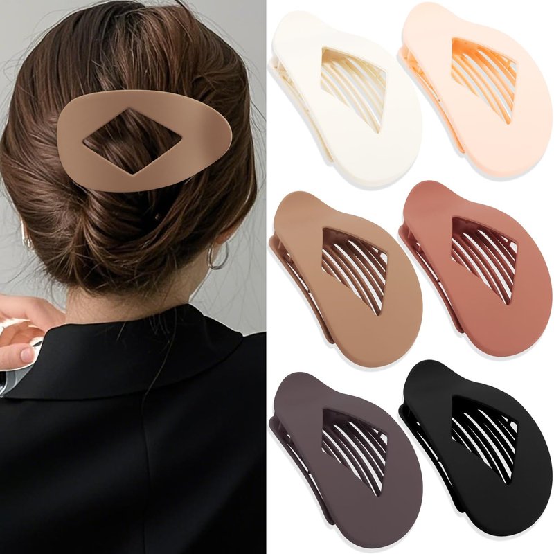 Atoden Large Flat Round Hair Clips Oval Claw Clips for Thick Medium Thin Hair 6Pcs Non Slip Strong Hold Barrettes Duckbill Accessories for Women Girls Matte Solid Neutral Color
