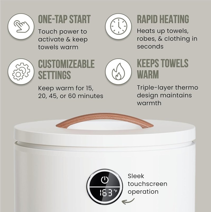 Fontaines Luxury Towel Warmer - Large Heated Thermal Bucket with Wood Handle | Safe Auto Shut Off, Fits Two Oversized Towels (40x70) - White