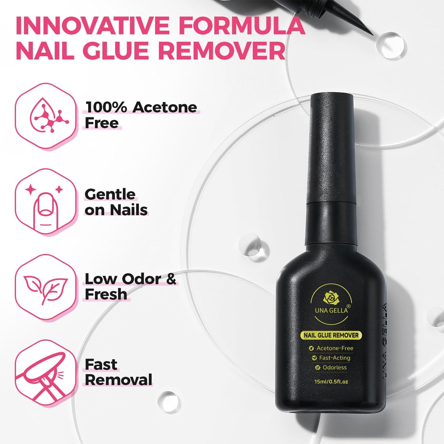 UNA GELLA Nail Glue Remover for Press on Nails 15ml Upgraded Stick & Remove 2 in 1 Acrylic Nails Remover for False Nails Tips Acetone-Free Gentle Gel Nail Remover, Not for Gel Polish Base Coat