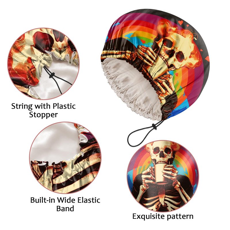 Cabreche Luxury Shower Cap Satin Silk Lined Adjustable Elastic Reusable Waterproof Shower Bath Cap Cute for Women Girls-Rainbow Skeleton