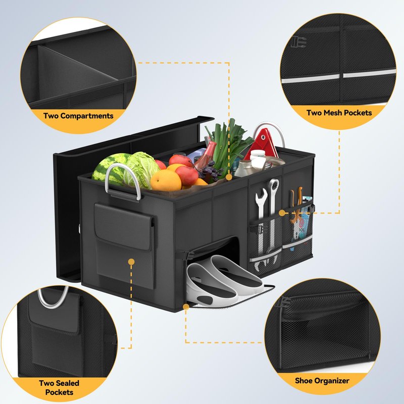 Car Trunk Organizer for SUV 50L Car Caddy Golf Trunk Organizer with Lid Collapsible Truck Storage Bin Large Compartment Car Grocery Organizer with 4 Pockets Handle Shoe Organizer Cargo Van Jeep Sedan