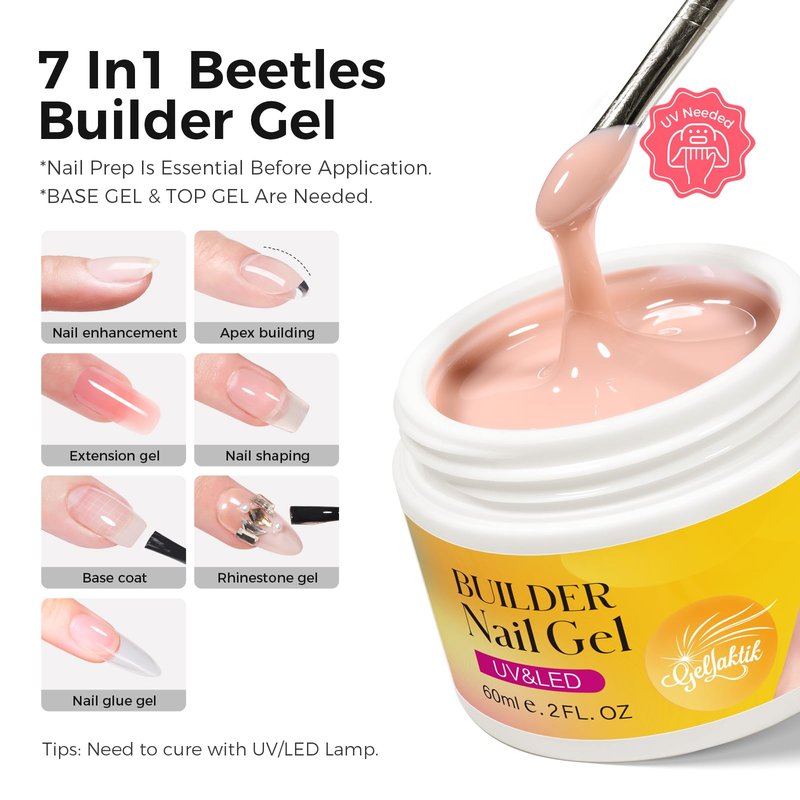 GELLAKTIK Builder Gel for Nails, 60g Nude Hard Gel for Nail Extension with 10 Nail Forms, Strengthener & Thickening, UV LED Lamp Cured Sculpture, Repair Broken Nails, Salon DIY Manicure Kit