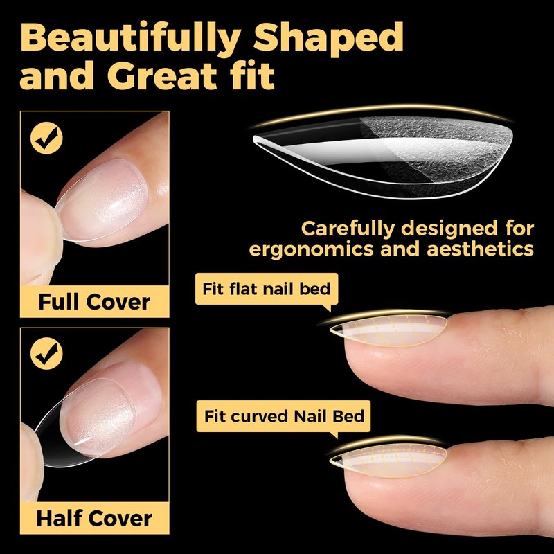 Extra Short Almond Gel Nail Tips - 216 Pcs Full Cover Press-On Nails | Half Matte Clear for DIY Salon at Home, 12 Sizes