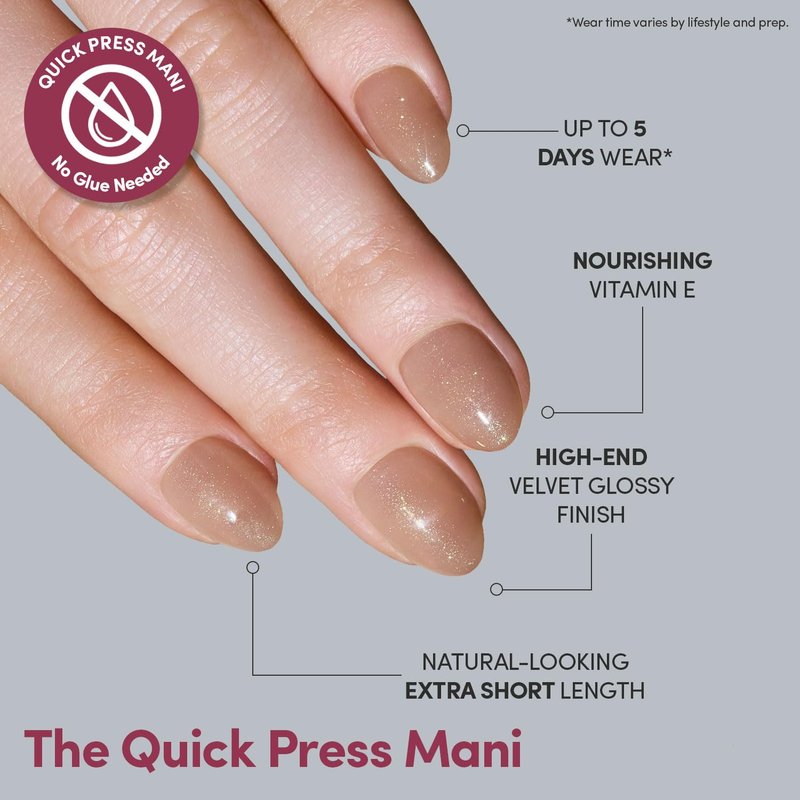 Glamnetic Quick Press Mani - No Glue Press On Nails, Just Peel and Stick, Oval Extra Short Nails, Mess Free, Salon Quality Stick On Nails, Sparkly Brown | in 15 Sizes - 30 Nail Kit