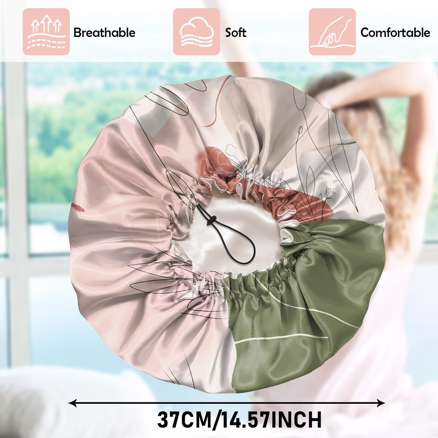 Cabreche Luxury Shower Cap Satin Silk Lined Adjustable Elastic Reusable Waterproof Shower Bath Cap Cute for Women Girls-Color Block