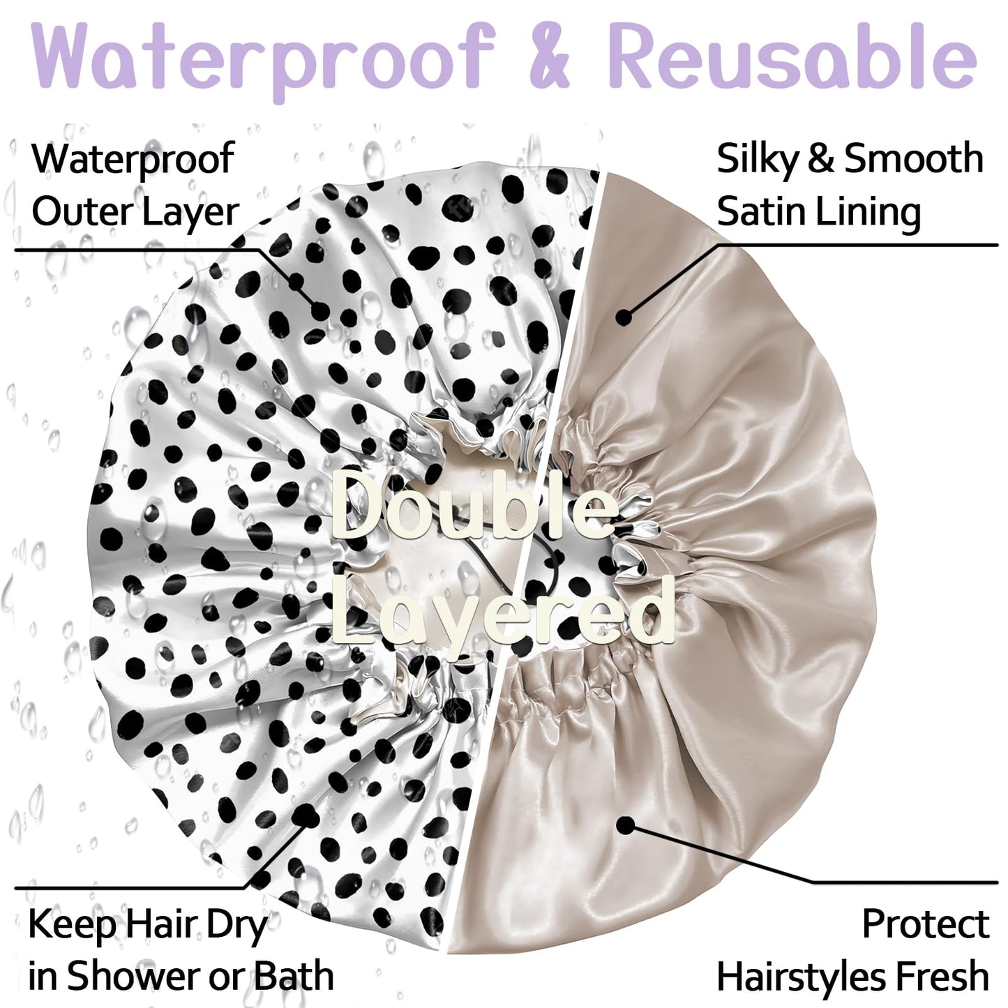 Deokke Luxury Shower Cap Silk Satin Lined Waterproof Reusable Adjustable Elastic Dry Hair Bathing Caps Cute for Women Girls-Spot