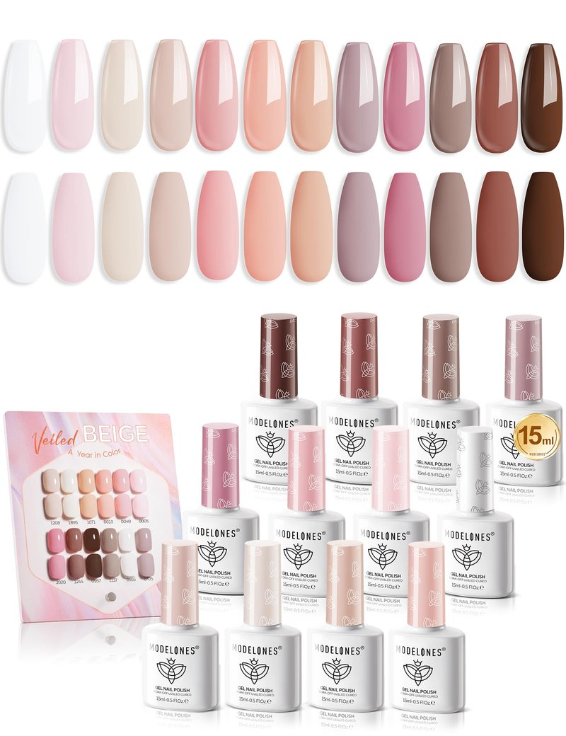 Modelones 15ML 12Pcs Gel Nail Polish Set, Same Color Same Bottle Nude Pink Milky White Beige Skin Tones Neutral Brown Hema-free Gel Polish Kit Spring Soak Off Gel Polish Set Manicure Nail Art