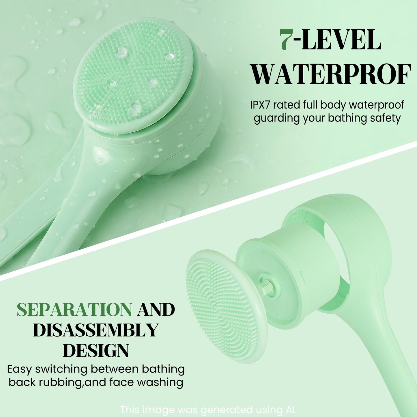 Electric Body Brush Back Scrubber for Shower，5 Replaceable Heads and Hook,Waterproof Long Dual Handle Power Body Scrubber 2 Speeds, for Cleansing Body, Exfoliating and Massaging Skin.