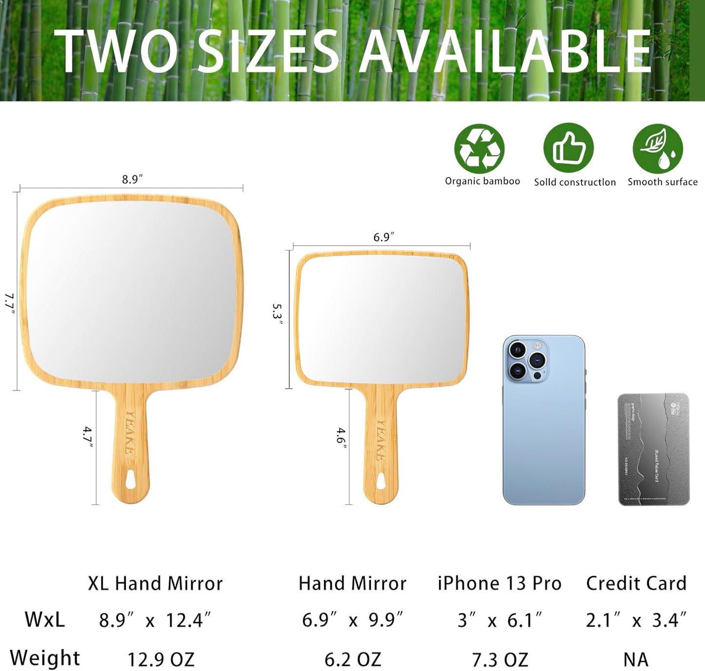 YEAKE Extra Large Bamboo Handheld Mirror - Portable Single-Sided Vanity Mirror for Men & Women | 8.9" W x 12.4" L