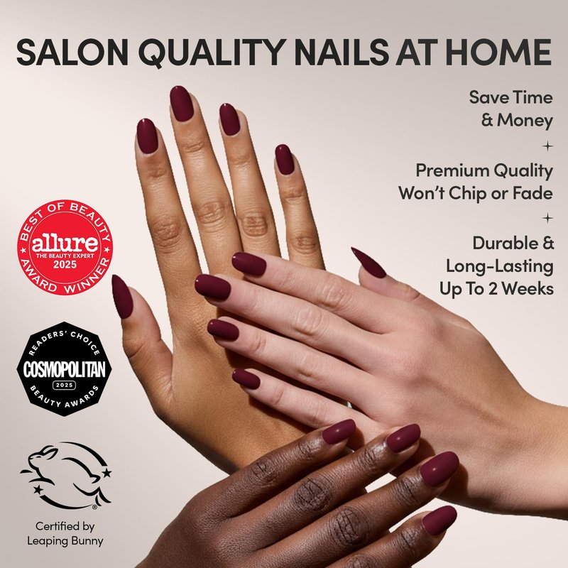 Glamnetic Press On Nails - Berry Maroon | Salon Quality Dark Red Short Round Nails - 30 Piece Kit with Glue