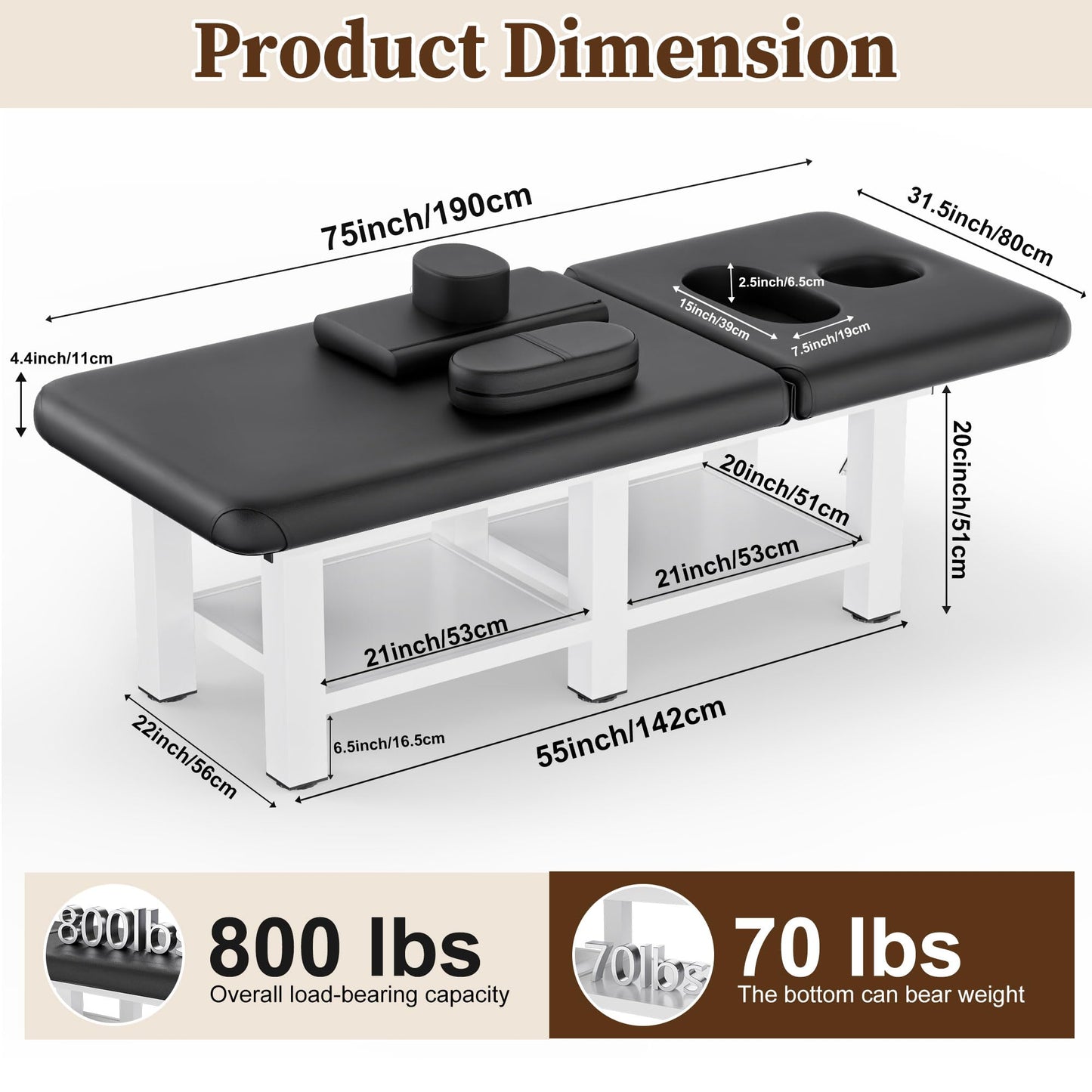 Wide Stationary Massage Table -Professional Massage Table with Adjustable Backrest & Under-Table Storage Space, Treatment Tables with 6 Sturdy Metal Legs and Pu Leather for Physical Therapy, Tattoo