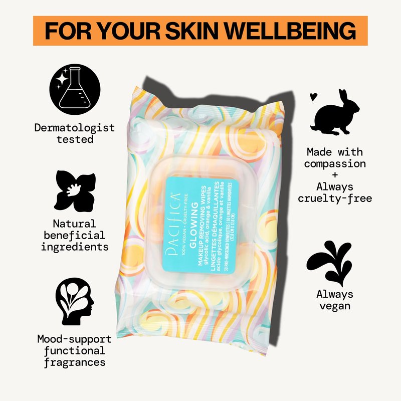 Pacifica Beauty, Glowing Makeup Remover Wipes, Glycolic Acid, Coconut Water, Aloe Infused, Daily Cleansing, Exfoliating, Clean Skin Care, Plant Fiber Facial Towelettes, Vegan & Cruelty Free