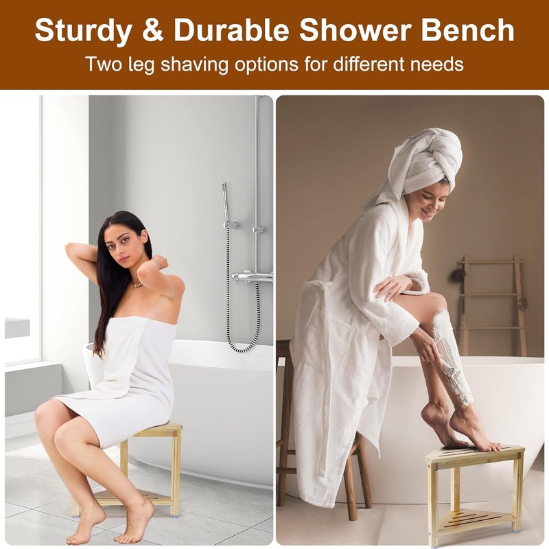 Bamboo Shower Foot Rest - 13.8in Waterproof Stool for Shaving Legs | Corner Shower Storage Solution