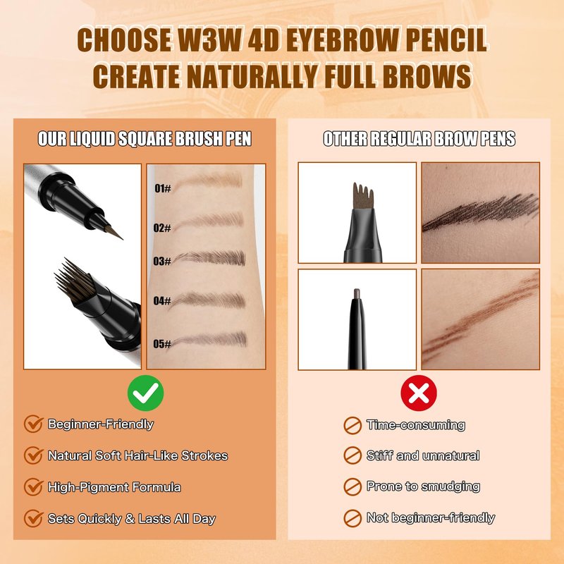 Eyebrow Pencils for Women, W3W 4D Dual-Ended Brow Pen, Angled Square Tip + Ultra-Fine Brush Tip, Waterproof Smudge-Proof, Natural Hair-Like Strokes, Dark Brown (Brunette)