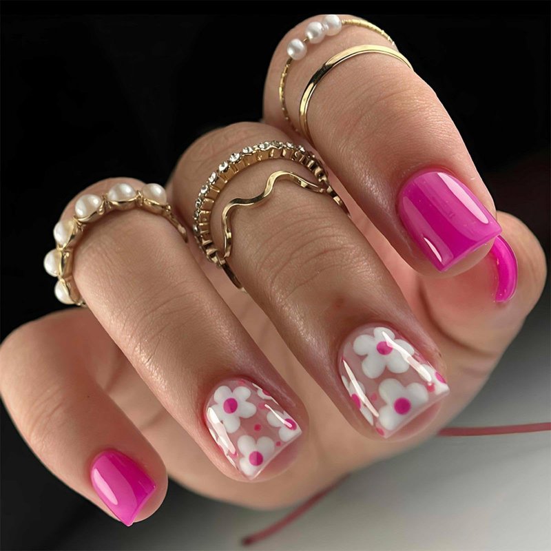 Sevgob Spring Press on Nails Short Square Fake Nails with Design Flower Glue on Nails Reusable Full Cover Floral Nail for Women Manicure 24pcs Z0