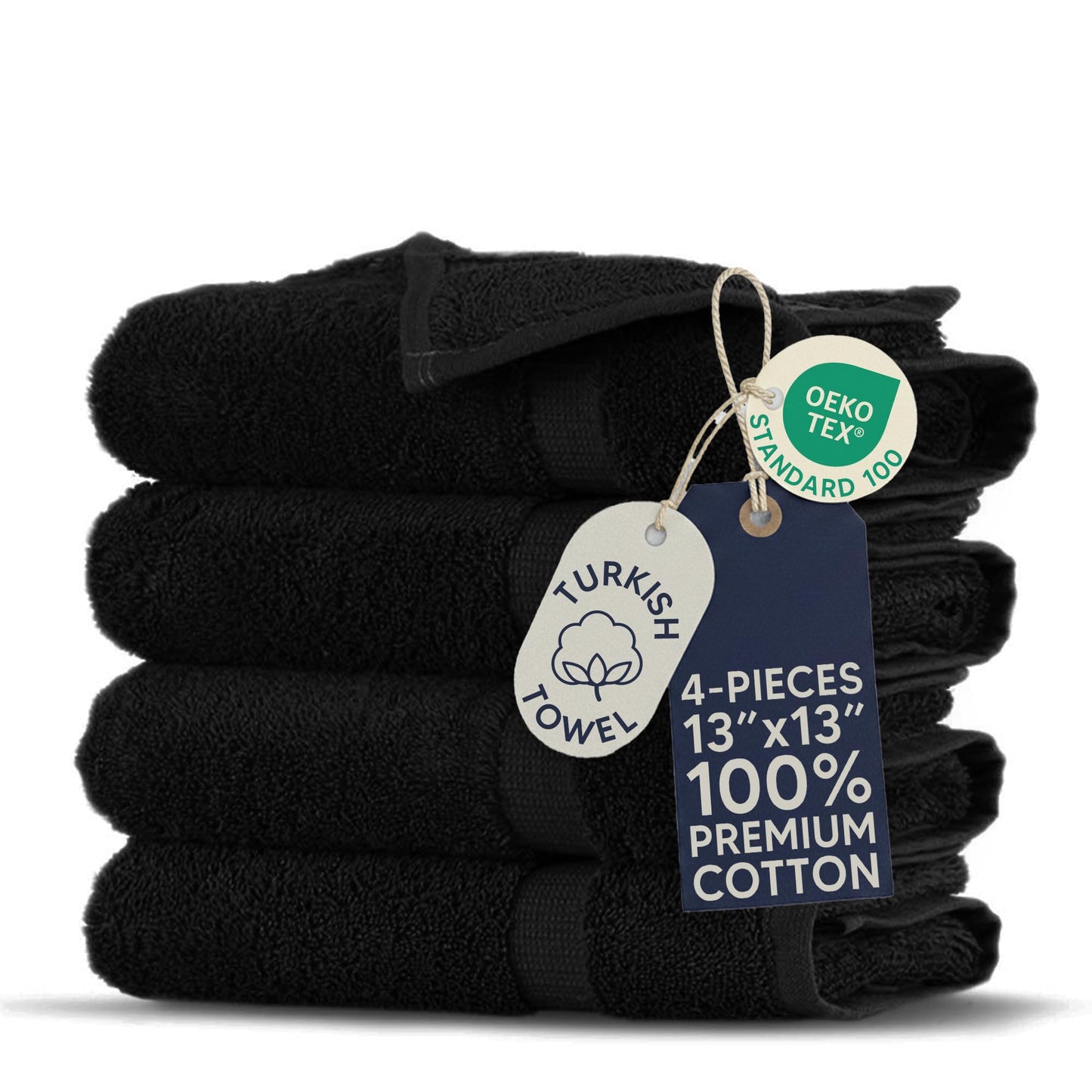 Towel Bazaar 4-Piece Washcloth, 100% Premium Cotton Turkish Towels, 13x13 Luxury Towel Super Soft and Absorbent, Perfect Use for Bathroom, Shower Towels - Black