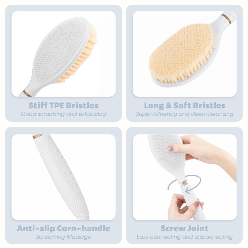 GEENOA New Back Scrubber Anti-Slip for Shower, 18.9‘’ Adjustable Shower Back Scrubber with Dual-Side Head & Soft Bristles, Extra-Long Shower Brush Bath Brush for Lathering Cleansing(White-L)