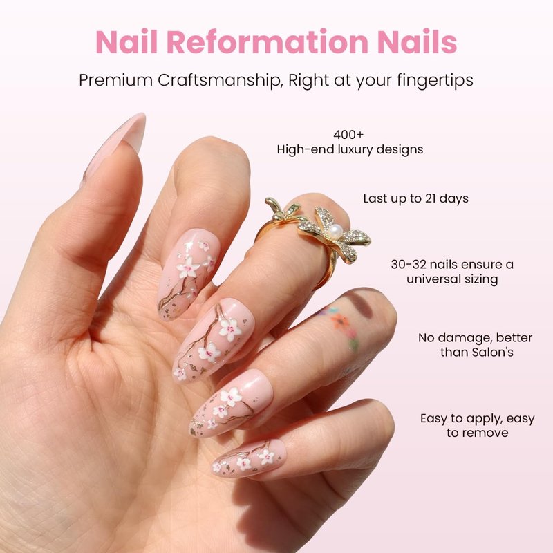 Nail Reformation Press On Nails - Soft Sakura Floral Medium Almond Design | Salon Quality, Reusable 30 Nail Kit in 15 Sizes