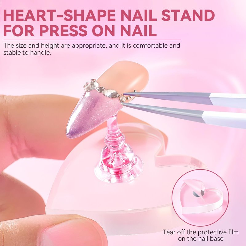 ESUOHYM Nail Stand For Press On Acrylic Strong Magnetic Nail Holder Kit For Painting Nails Tip Arts Display With 200PCS Double-Sided Tape And 1 Heart Shaped Acrylic Magnetic Presson Stand (Clear And Pink, Medium)