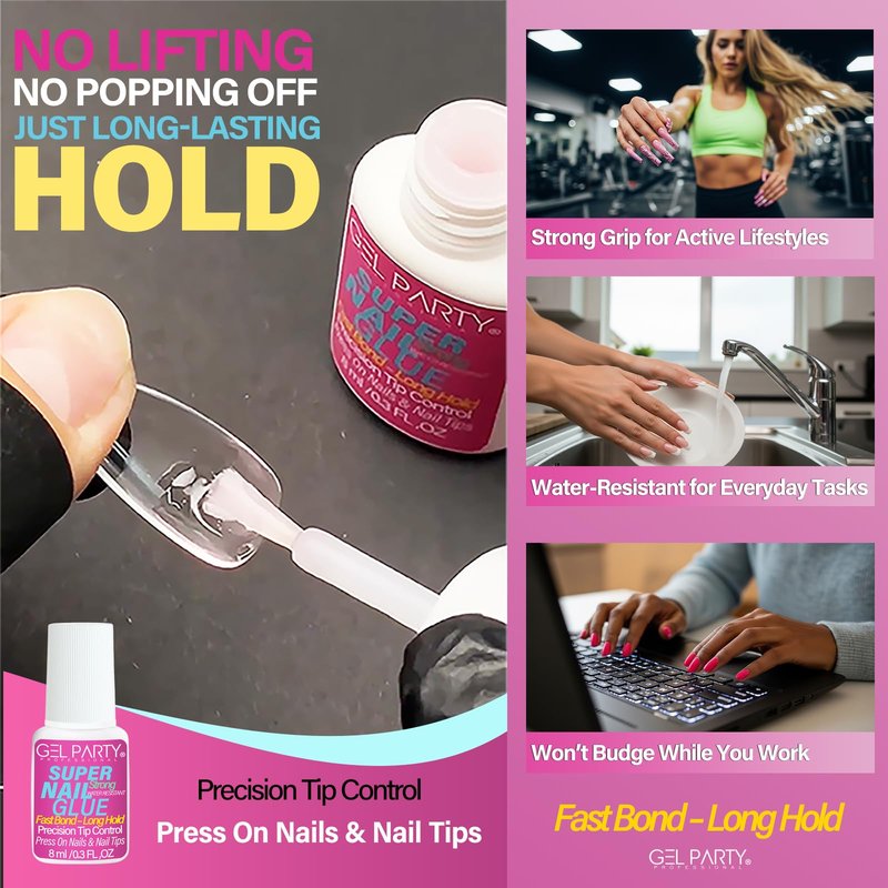 GELPARTY (8ml) Super Strong Brush On Nail Glue for Press On Nails & Tips – Quick Dry Clear Acrylic Nail Adhesive, Long Lasting Waterproof Bond for Fake Nails & Nail Art