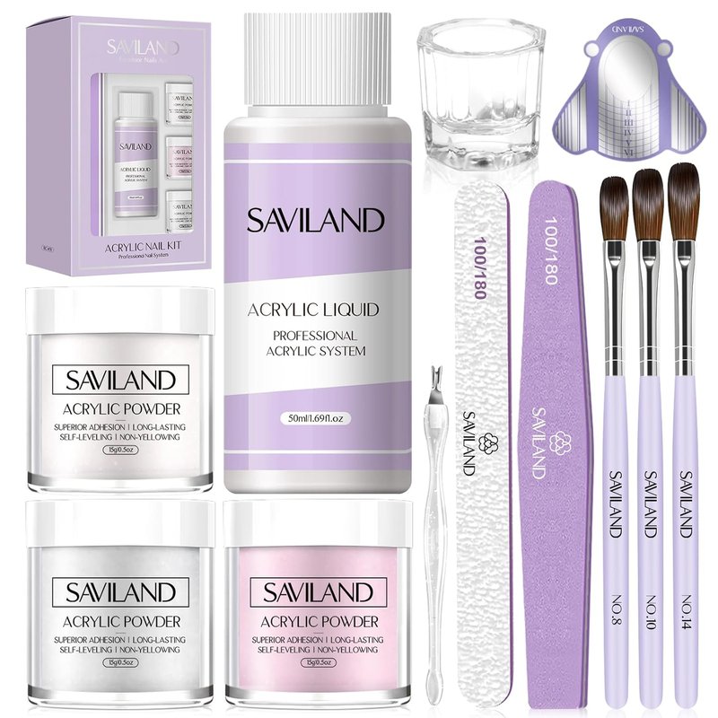Saviland Acrylic Nail Kit - 15g Clear, White & Pink Acrylic Powder with Brush, Forms & Tools
