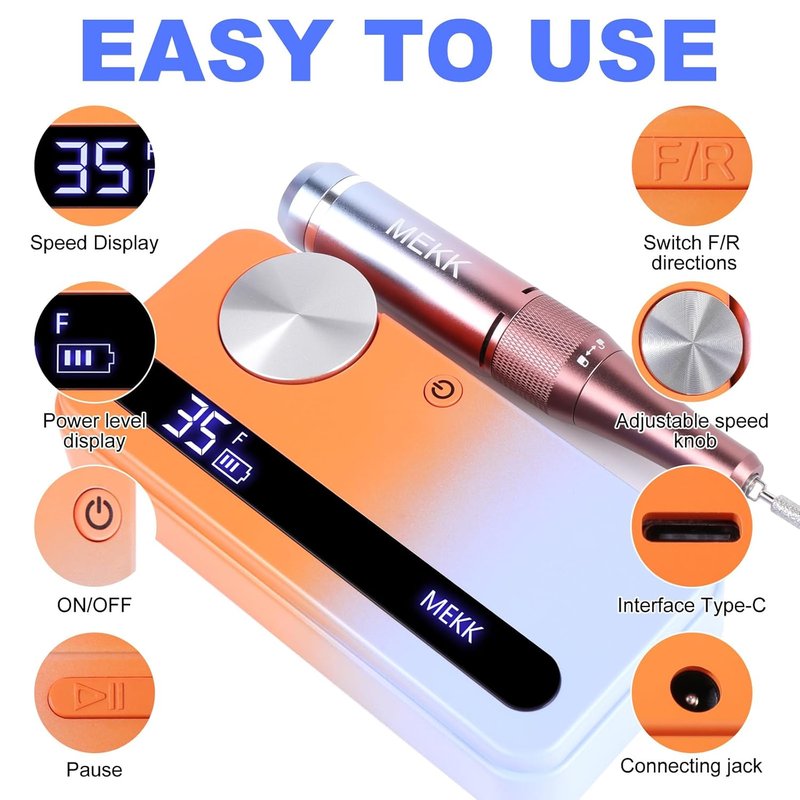 Electric Nail Drill Kit - 35,000 RPM Professional Nail File with 12 Bits | Cordless E-Filer for Home & Salon (Orange Blue)