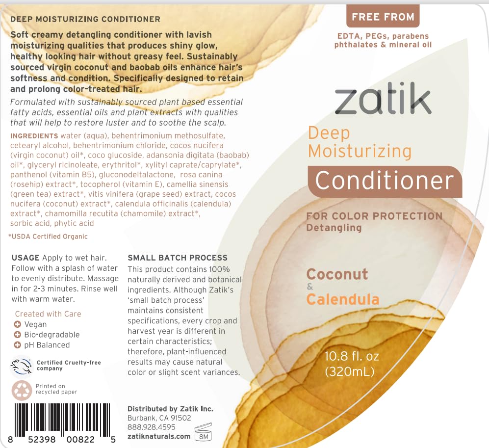 Zatik Naturals - Deep Moisturizing Shampoo & Conditioner Set - Coconut & Calendula for Colored, Dry Hair | Biodegradable, pH Balanced, 10.8 fl oz