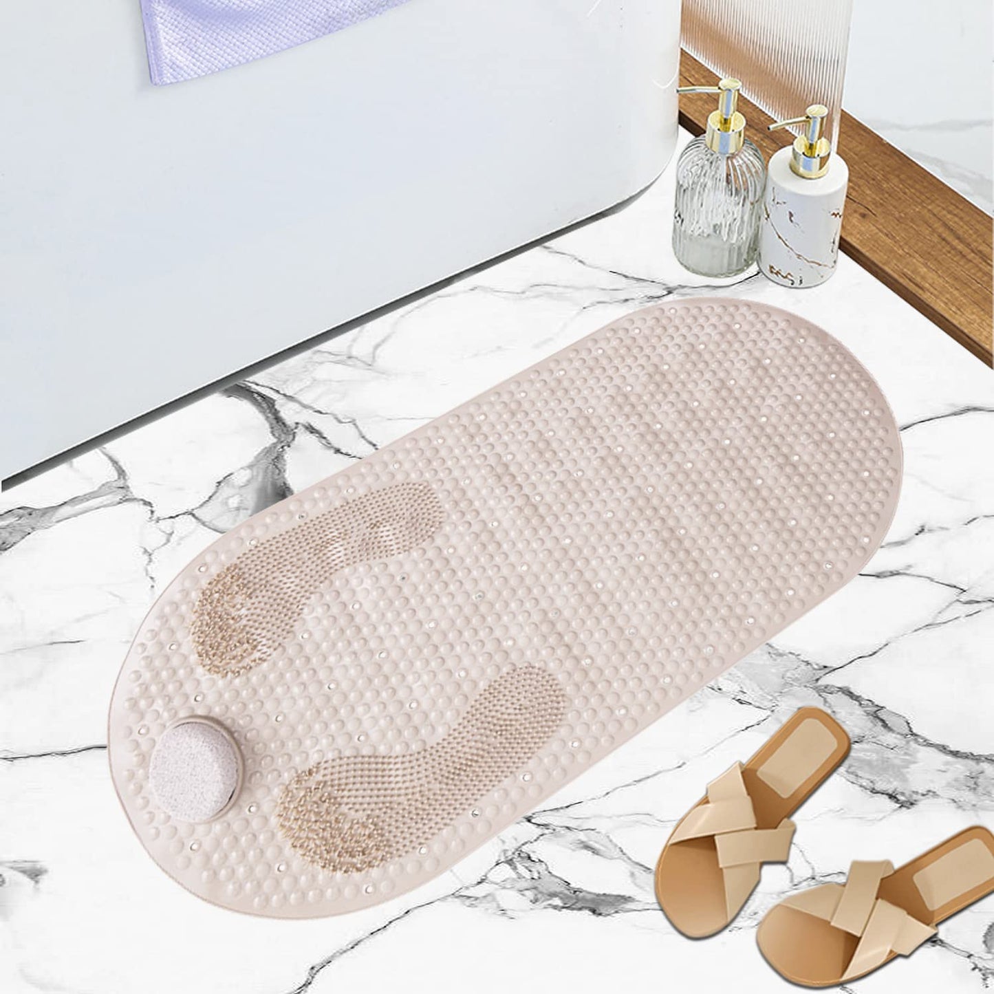 HIZOLVIO 32x16in Foot Scrubber Shower Grip Mat with Pumice Stone, Bath Tub Shower Mat Non Slip with Suction Cups Drain Holes, Anti Slip Bathtub Mat for Feet Massage, Exfoliating