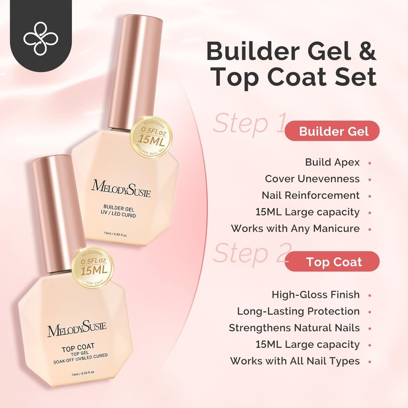 MelodySusie 2PCS 15ML Clear Builder Nail Base Gel & Top Coat Set, Shine Finish and Long Lasting, for Nails Thickening Apex Building, UV Extension Gel for Nail Art Design Salon DIY Manicure at Home