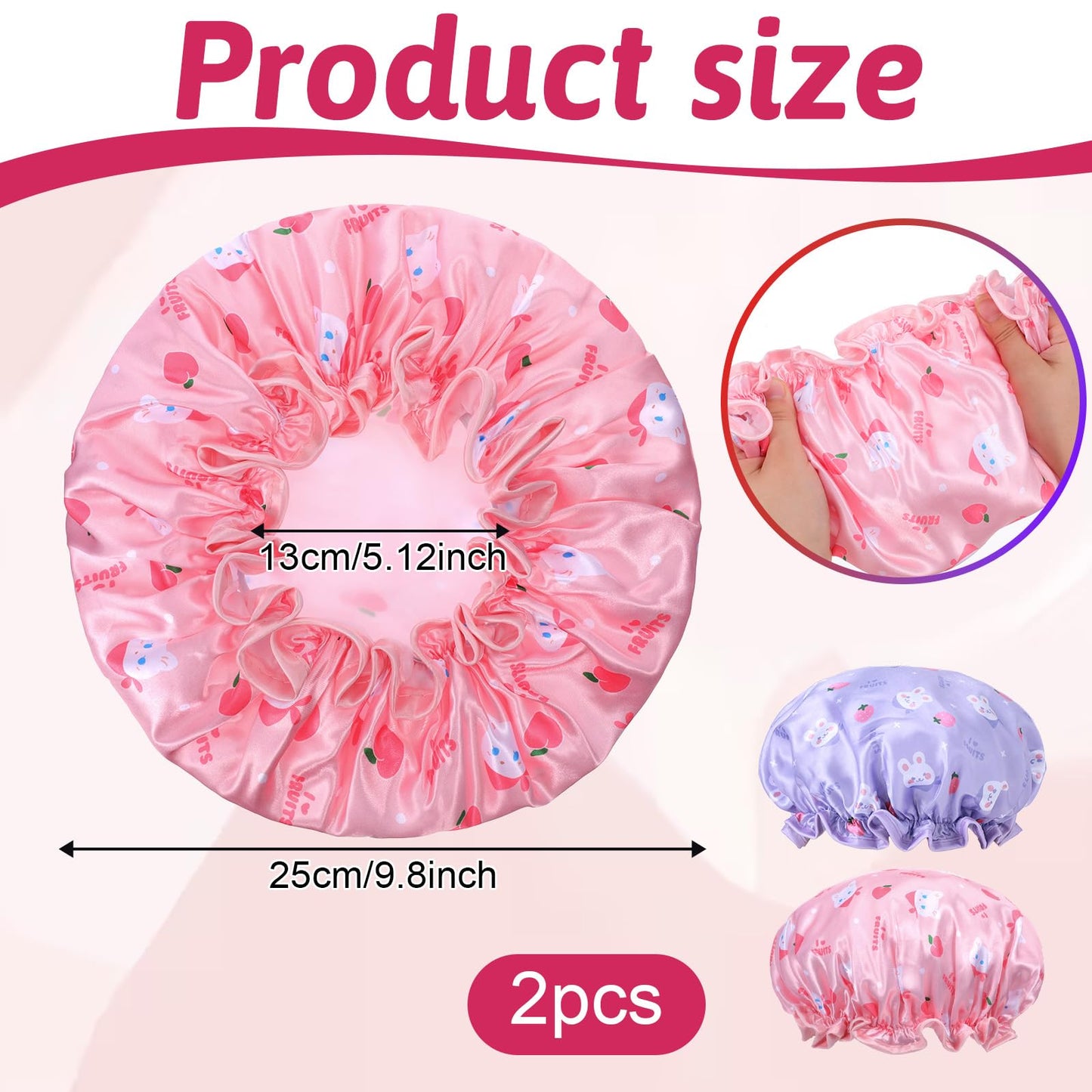 Jeffdad Kids Shower Caps, 2 PCS Pink & Purple Waterproof Double Layers Shower Caps Cute Bonnets Elastic Band Bonnet Satin and Eva Soft Kids Sleeping Cap Reusable Shower Cap