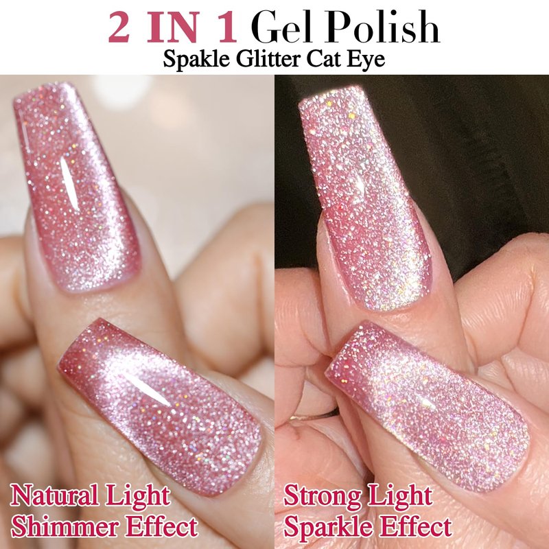 Double Rhythm 15ML Ice Glass Cat Eye Gel Polish with Magnet Holographic Glitter Shimmer Translucent Sheer Color Salon Soak Off Magnetic Nail at Home