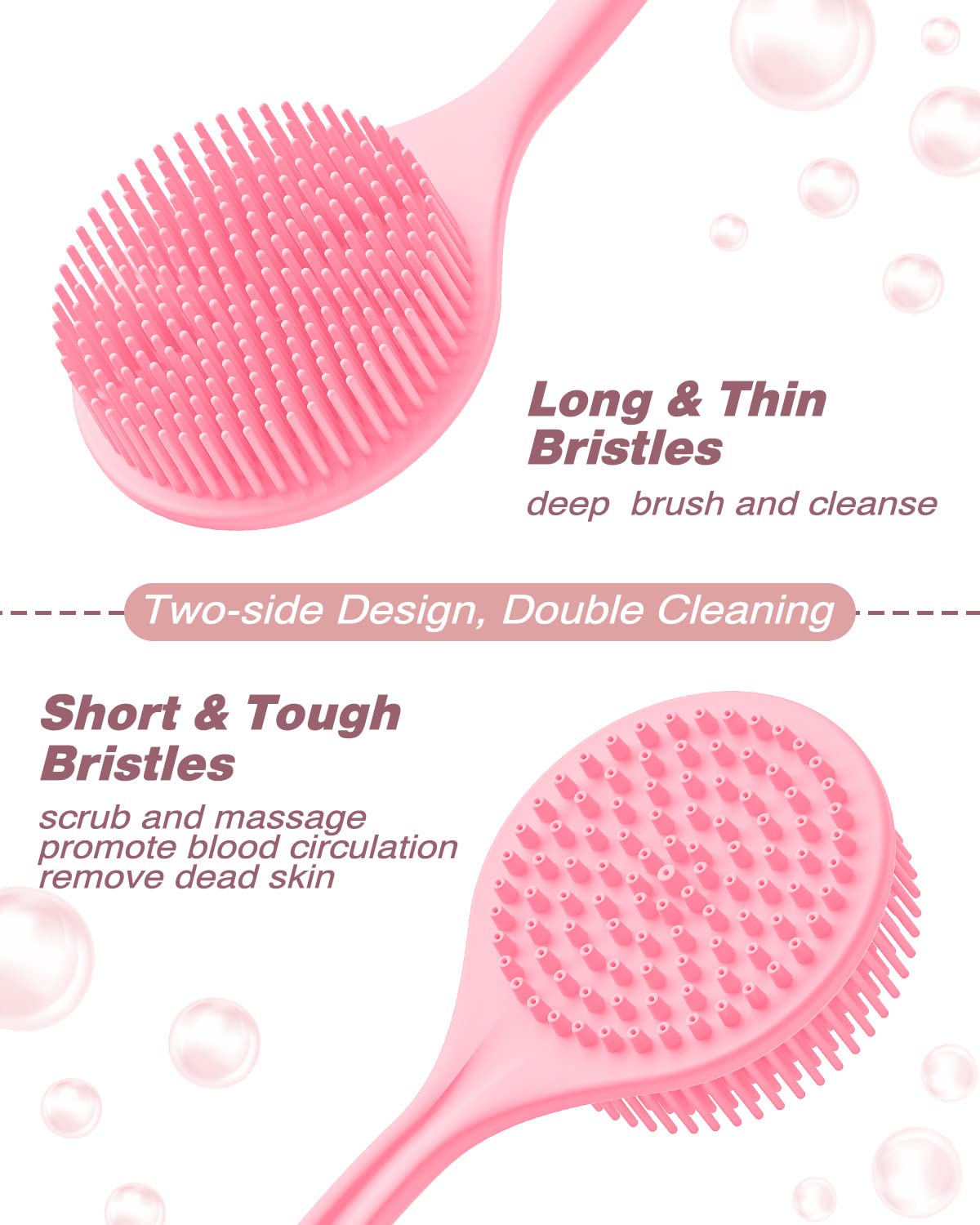 Manmihealth Silicone Back Scrubber& Soft Bath Glove Set, Super-Exfoliating Body Scrubber & Super-Lathering Shower Brush Combination, with a Free Hook.(Thin Bristles Pink)