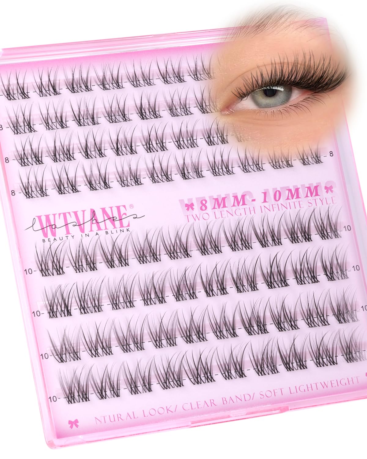 Wtvane Wispy Lash Clusters Short Cluster Eyelash Extensions 8-10mm Natural Lash Extensions Soft Clear Band Lashes Clusters C-Curly Individual Lashes Natural Lash Extensions Look Glasses Friendly