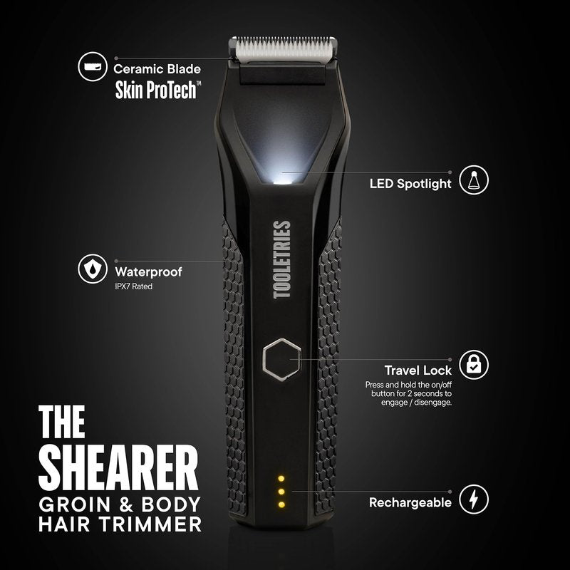 TOOLETRIES The Shearer Groin Trimmer & Body Groomer with Accessories Set, Men’s Waterproof Pubic Hair & Ball Trimmer, Rechargeable Wet/Dry Electric Shaver for Chest, Legs & Sensitive Areas - Black