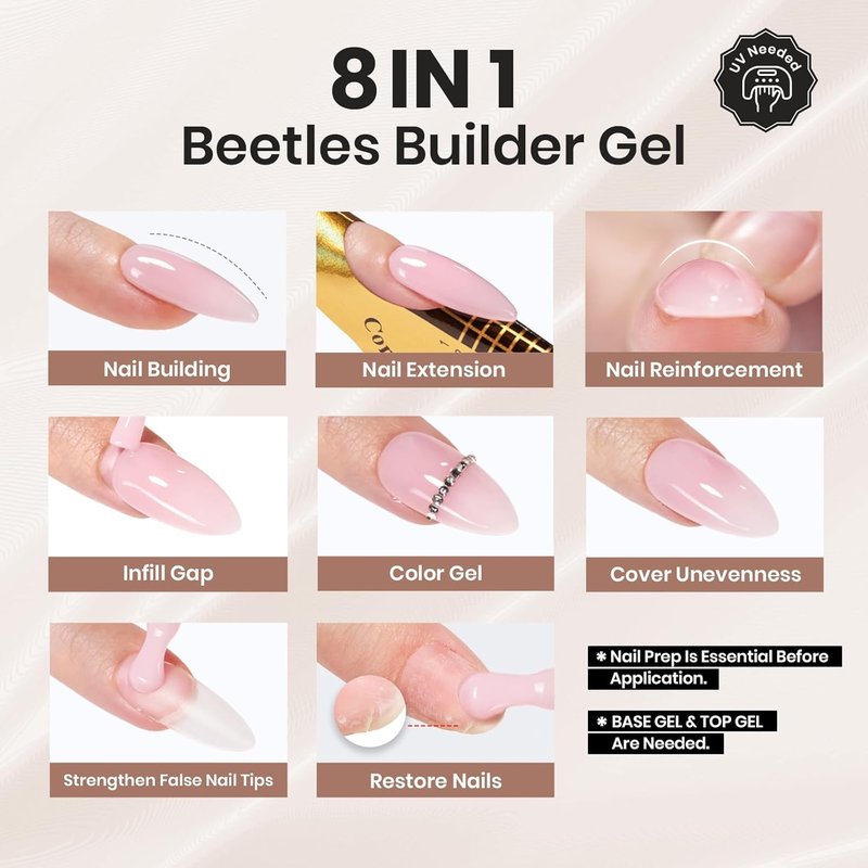 Beetles Builder Gel-Caramel Nude 0.5 oz 8 in 1 Nail Strengthening Apex Building Extension for Beginner DIY Salon at Home,Nude Builder for Winter Nails,UV & LED Lamp Needed