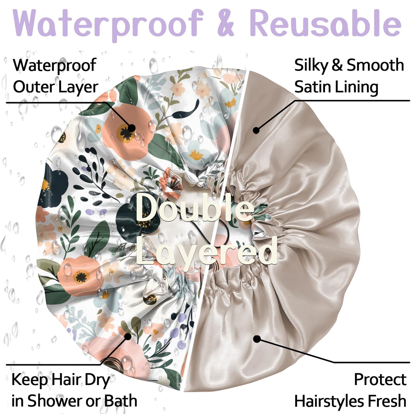 Deokke Luxury Shower Cap Silk Satin Lined Waterproof Reusable Adjustable Elastic Dry Hair Bathing Caps Cute for Women Girls-Flower