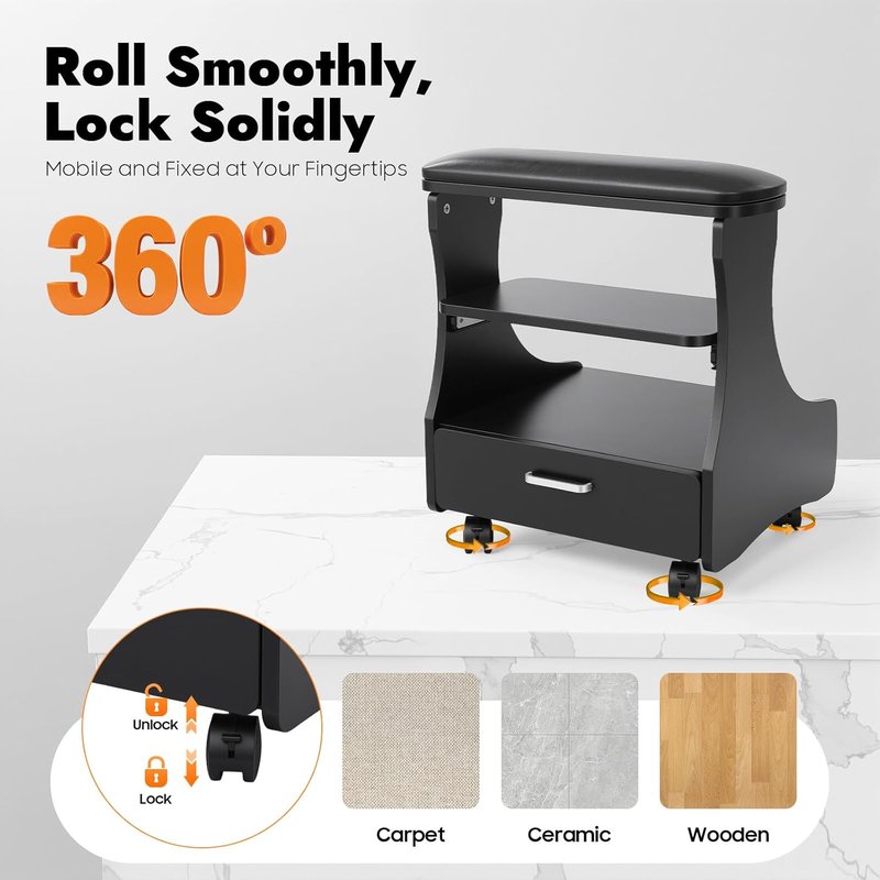 Pedicure Foot Rest - Lockable Wheels, Removable Shelf & Drawer | PU Cushion Beauty Stool for Home Salon