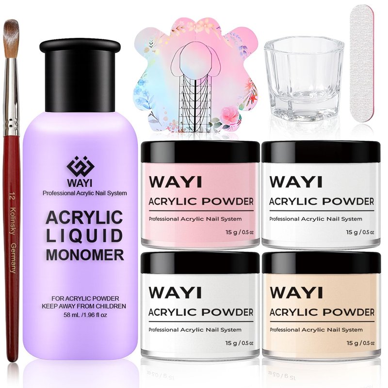 Acrylic Nail Kit with Monomer Liquid – 4 Colors Powder, Brush, Crystal Cup, Nail Forms & File | All-in-One Acrylic Extension Set for Beginners & Professionals